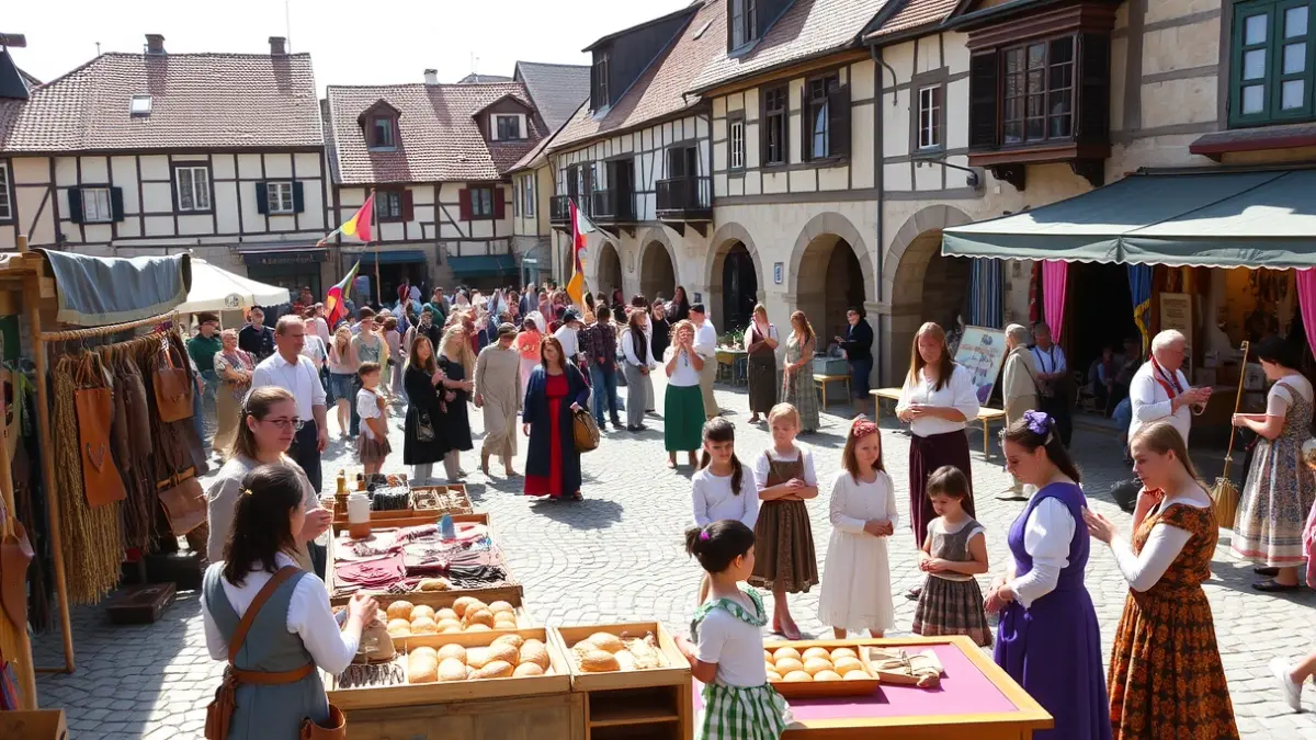 Imaxe dunha feira medieval con artesáns e actividades infantís.