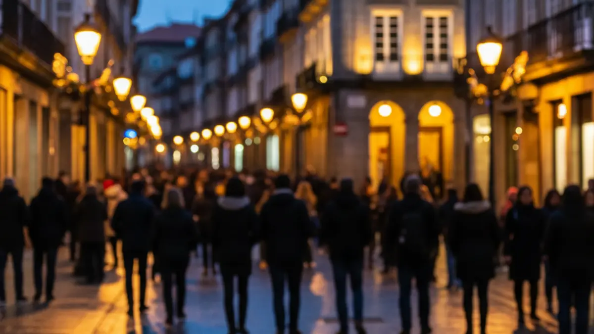 Imaxe xenérica dunha rúa urbana ao anoitecer, con luces cálidas e ambiente cultural.