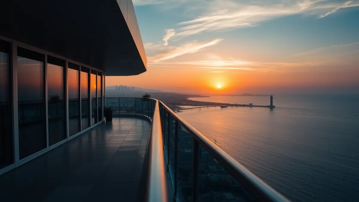Imaxe dun miradoiro moderno con vistas a unha cidade costeira ao solpor.