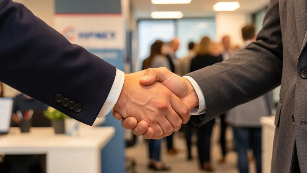 Imaxe xenérica de mans estreitándose nun contexto empresarial.
