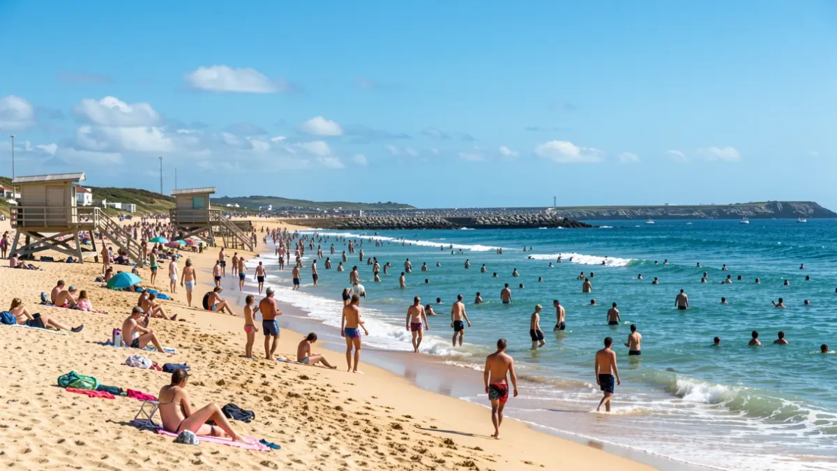 Imaxe xenérica dunha praia galega con xente disfrutando do sol e o mar.