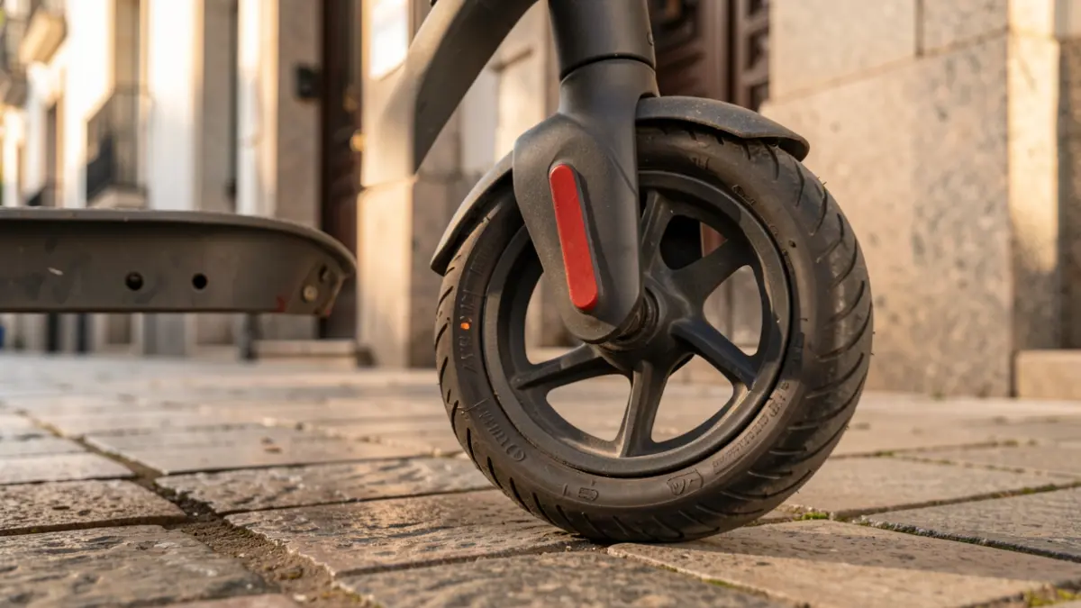 Primeiro plano dunha roda de patinete eléctrico aparcado nunha beirarrúa de A Coruña, coa fachada de granito dun edificio desenfocada ao fondo.