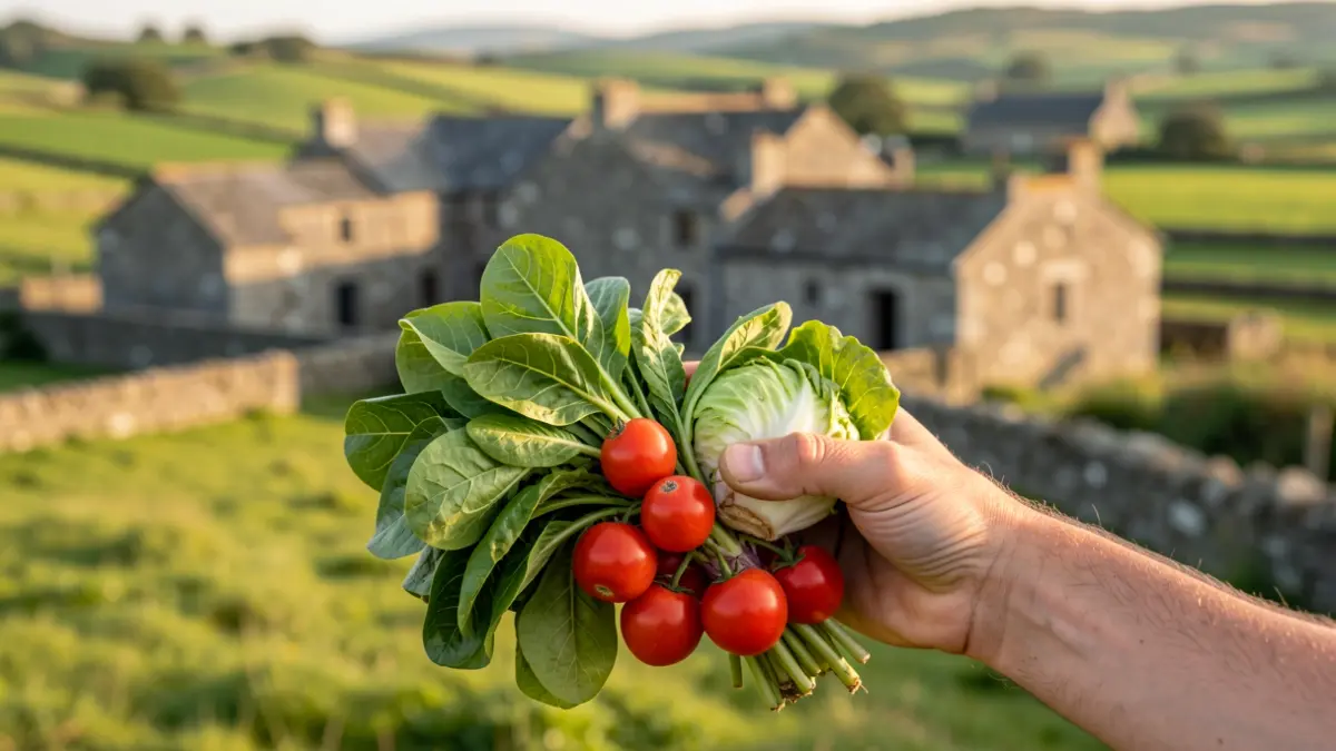 Primeira plana dun feixe de hortalizas ecolóxicas cunha paisaxe rural galega ao fondo.