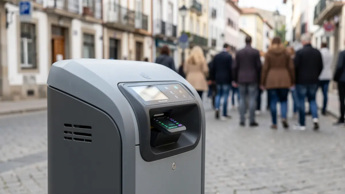 Imaxe xenérica dun contedor de residuos con lector de tarxetas nunha rúa urbana.