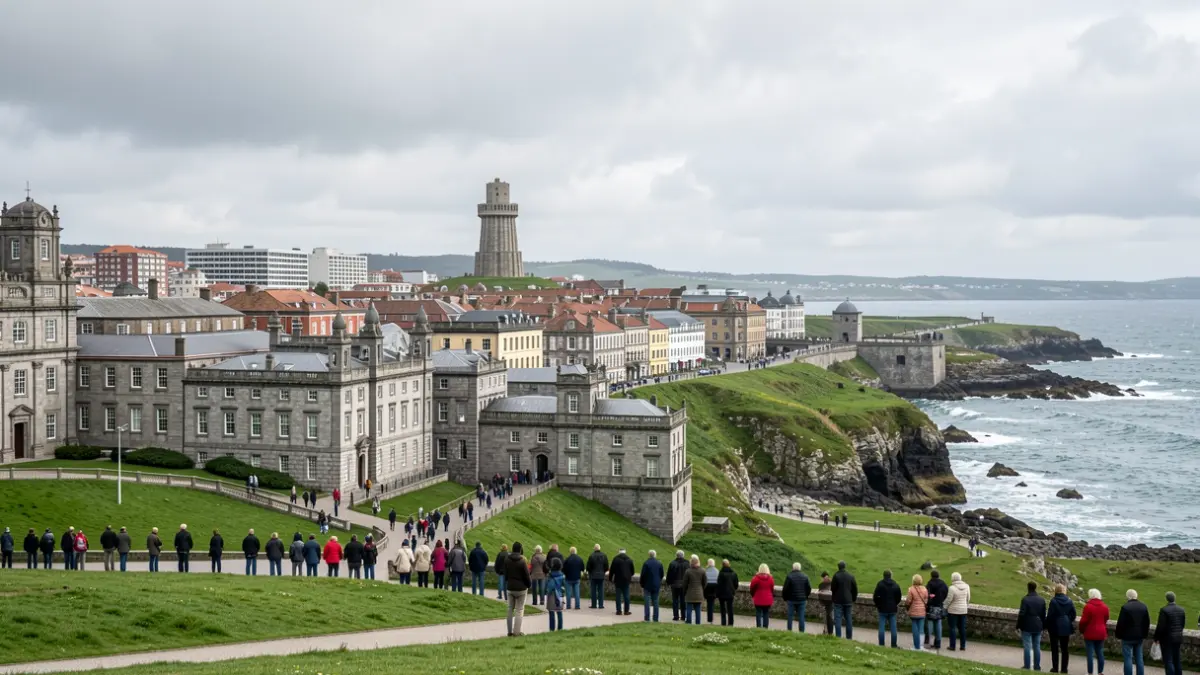 Imaxe xenérica da paisaxe urbana da Coruña coa Torre de Hércules ao lonxe.
