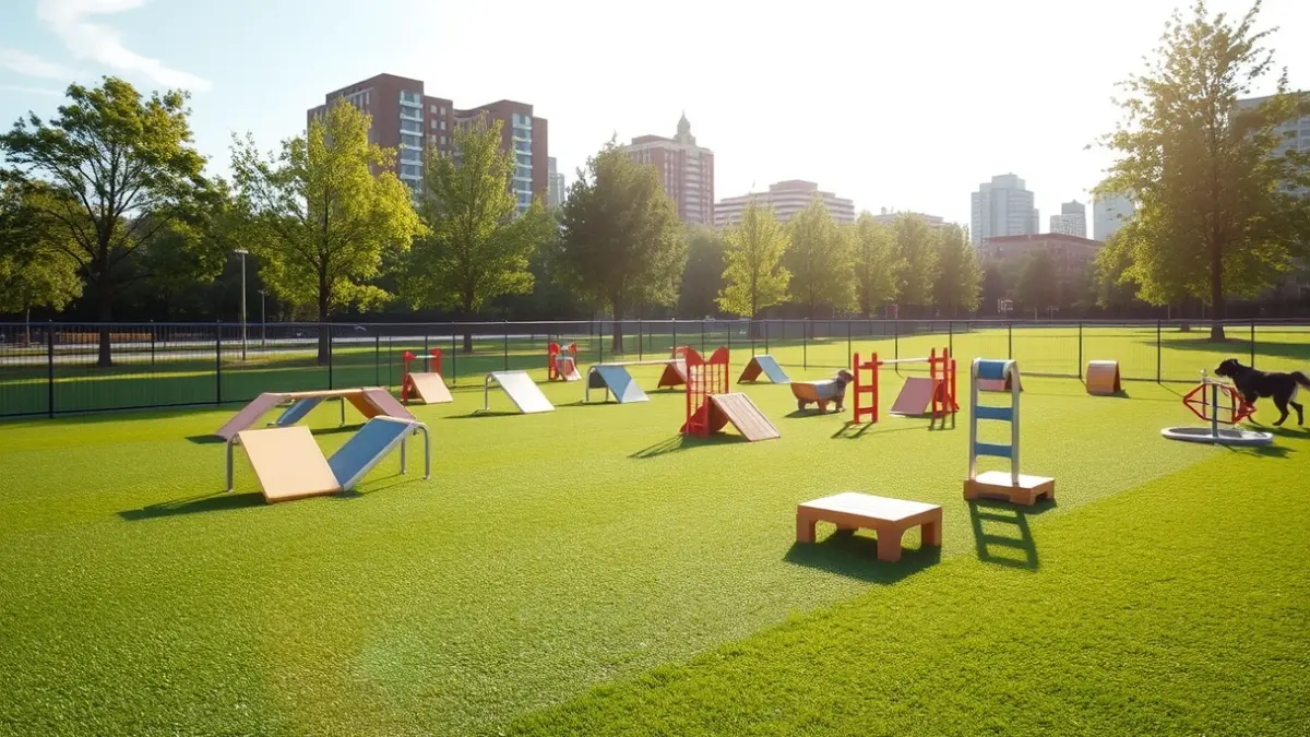 Imaxe xenérica dun parque canino con obstáculos de adestramento.