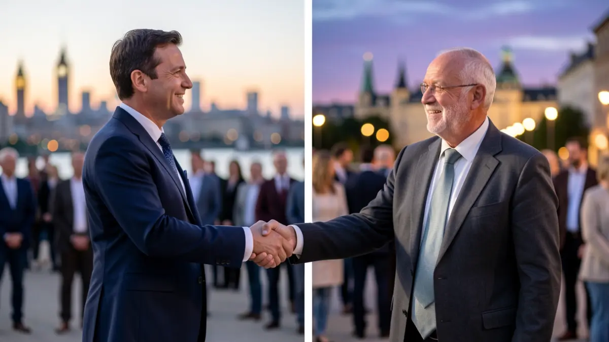 Imagen dividida de un apretón de manos entre un empresario y un representante vecinal, con el fondo de una ciudad al anochecer.