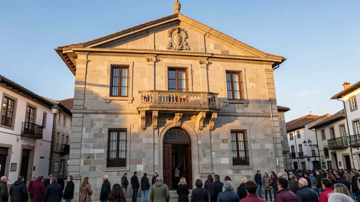 Imaxe xenérica dunha fachada de concello galego de pedra con balcón ornamentado.