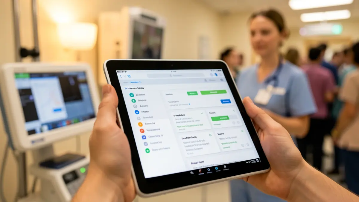 Primeira imaxe dunha man sostendo unha tableta cunha interface de comunicación, con equipo médico e unha enfermeira desenfocados ao fondo.