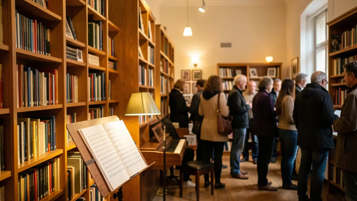 Imaxe xenérica dunha aula de música con atrís e libros.
