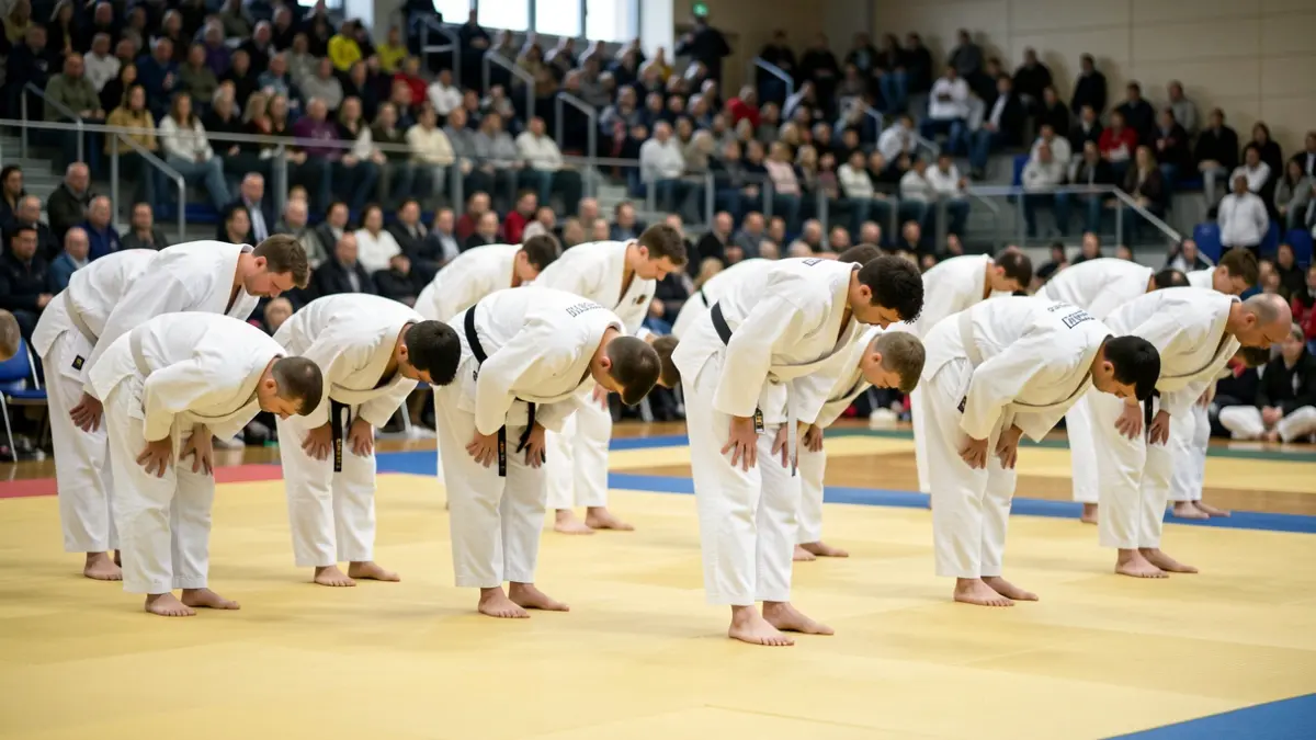 Imaxe xenérica de practicantes de kárate nun tatami durante unha competición.