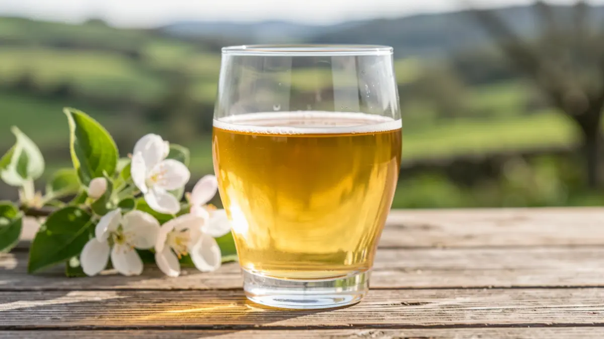 Primeira imaxe dun vaso de sidra con mazás e flores de mazá ao fondo.