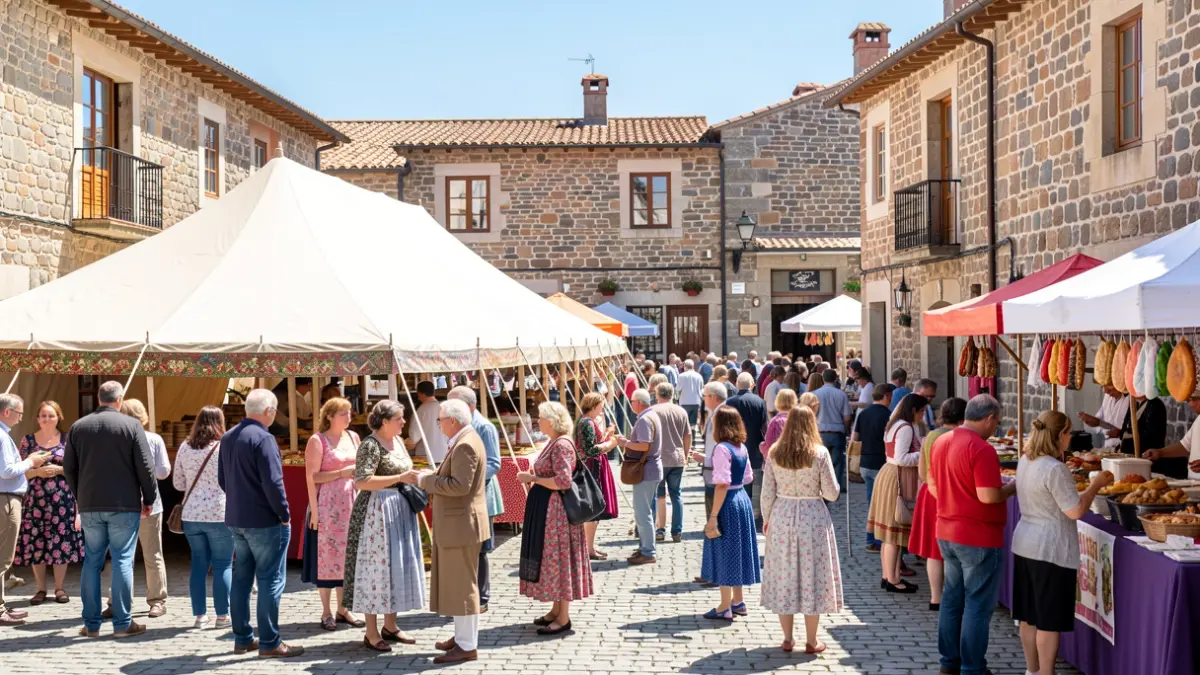 Imagen de una fiesta popular en una plaza de Galicia con gente, puestos de comida y una carpa.