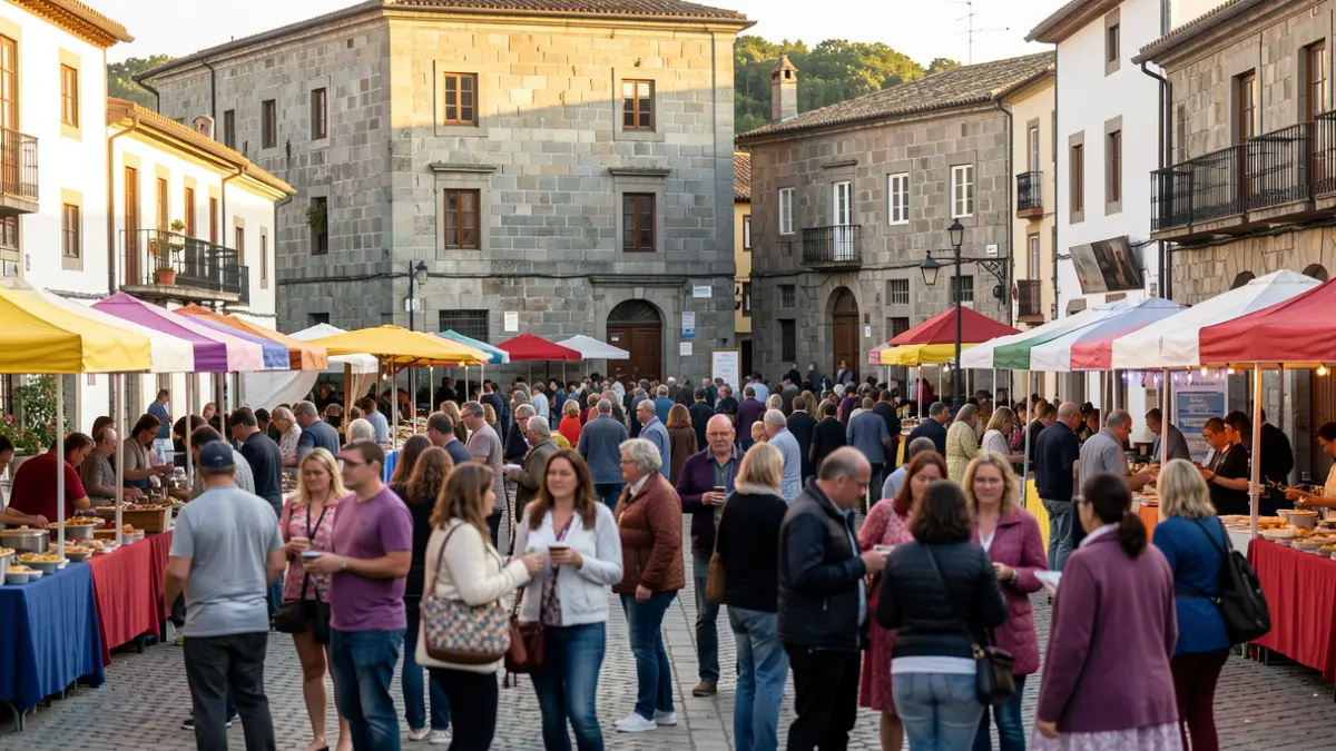 Imaxe xenérica dunha festa popular nunha praza galega con xente e arquitectura de granito.