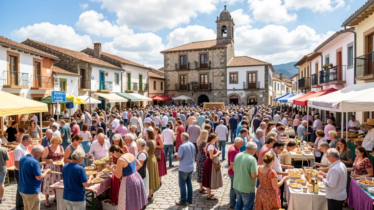 Imaxe dunha festa gastronómica popular en Galicia con moita xente e arquitectura tradicional.