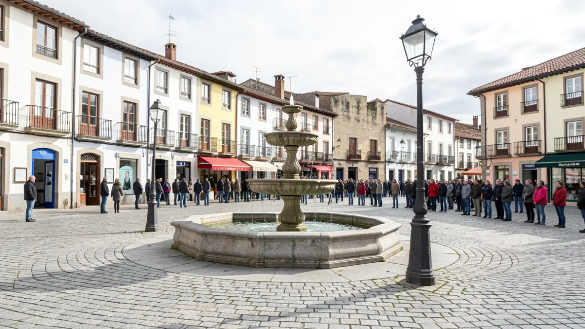 Imagen genérica de una plaza gallega recién inaugurada con pavimentación de granito y una fuente restaurada.