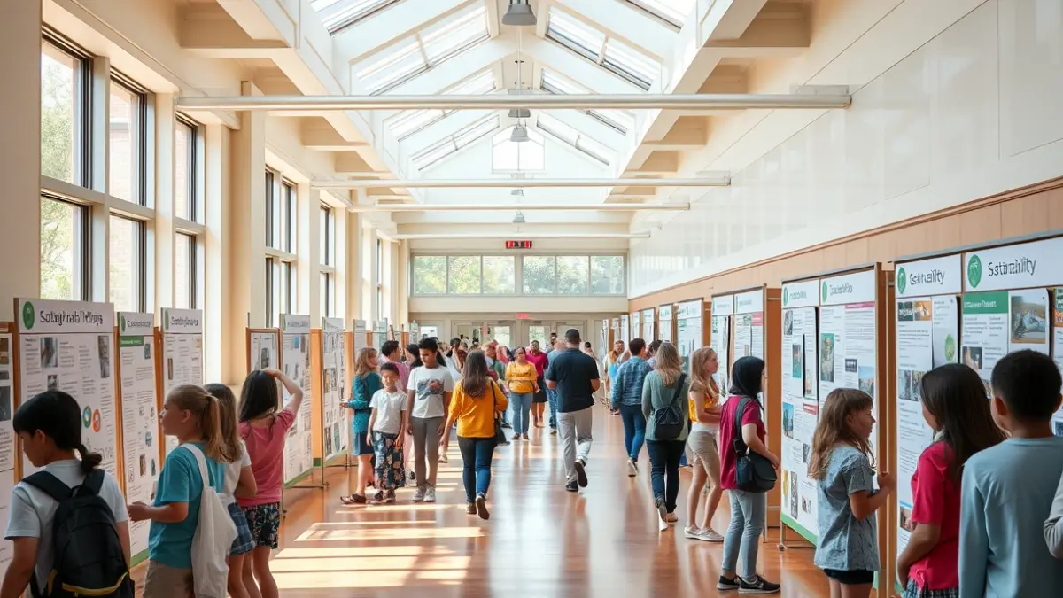 Imaxe dunha feira escolar con estudantes e postos de exposición sobre sustentabilidade.