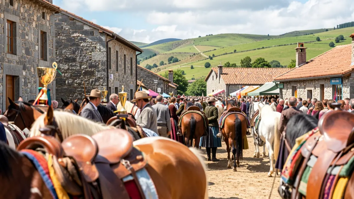 Imagen de una feria de caballos en Friol con muchos participantes y actividades.