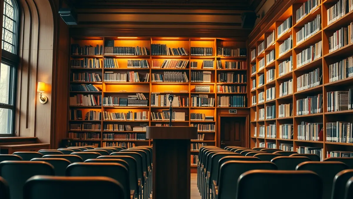 Imaxe xenérica dunha biblioteca con estantes de madeira e un podio con micrófono.