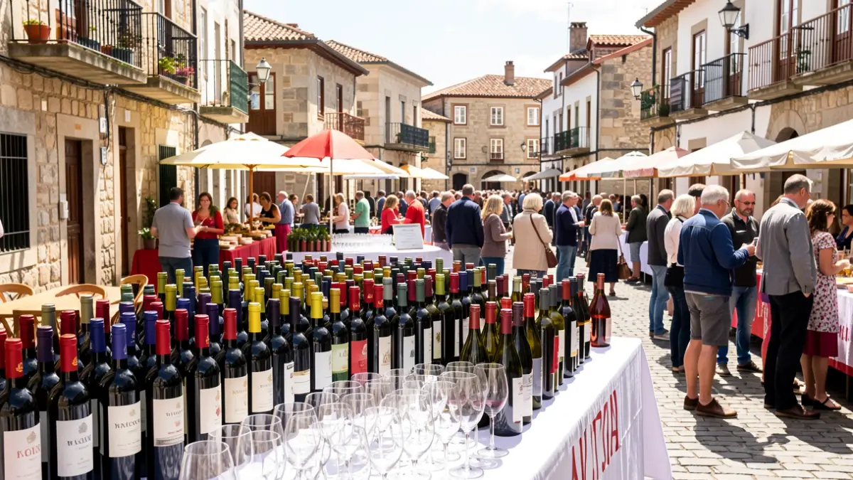 Imaxe dunha festa do viño en Galicia con botellas e copas, xente e arquitectura tradicional.