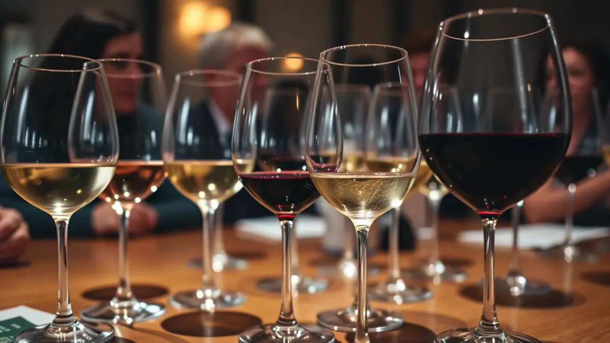 Imaxe xenérica dunha cata de viños con copas de viño branco e tinto sobre unha mesa de madeira.