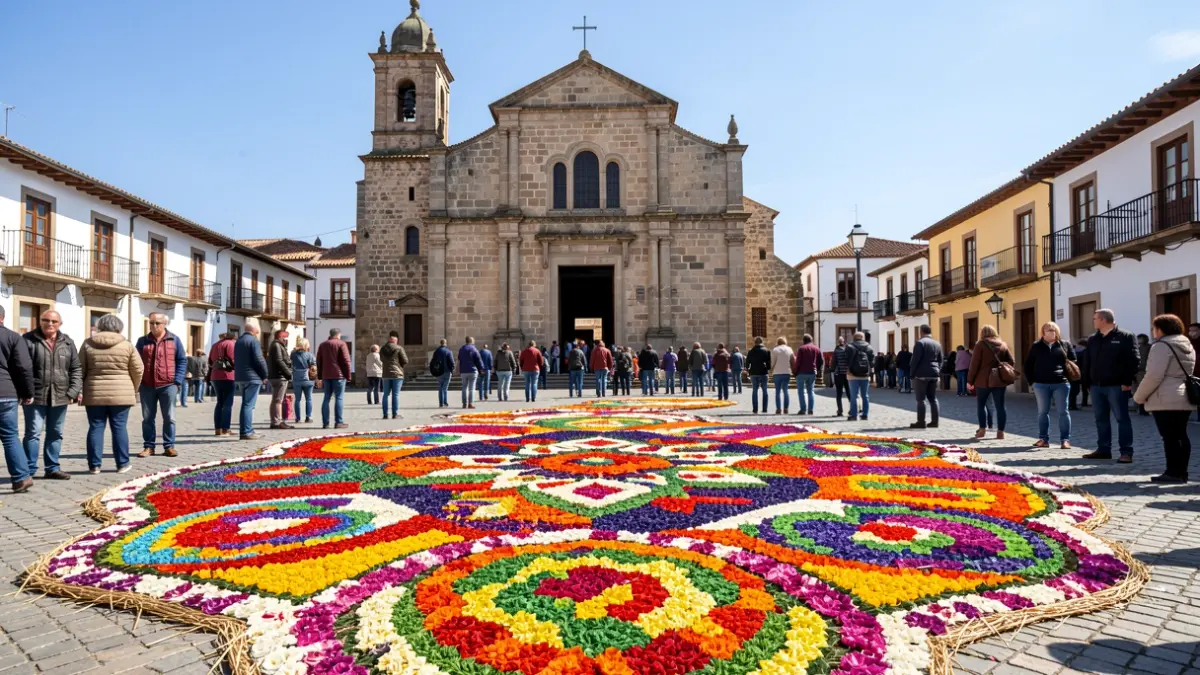 Imagen de alfombras de flores artesanales decorando la fachada de la iglesia de Santiago en Arteixo.