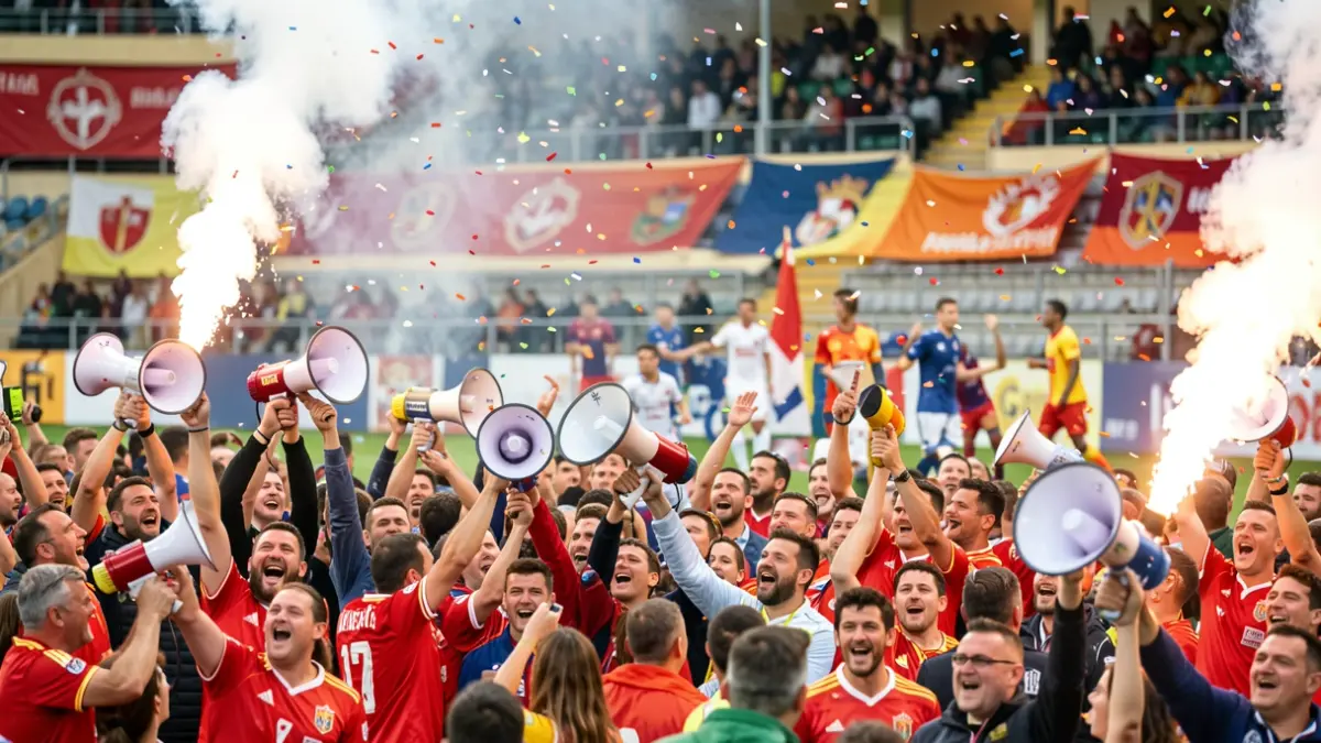 Imagen genérica de aficionados de fútbol celebrando con megáfonos, bengalas y pancartas.