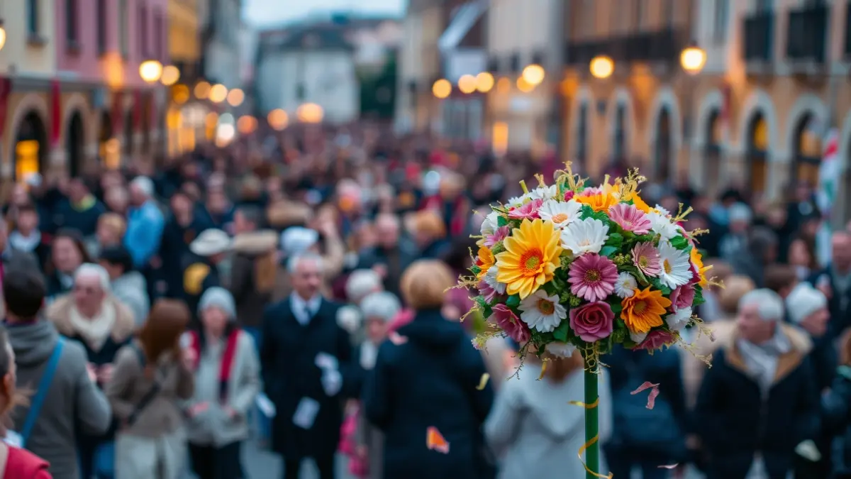 Imaxe da Festa dos Maios en Ourense, con esculturas florais e xente celebrando.