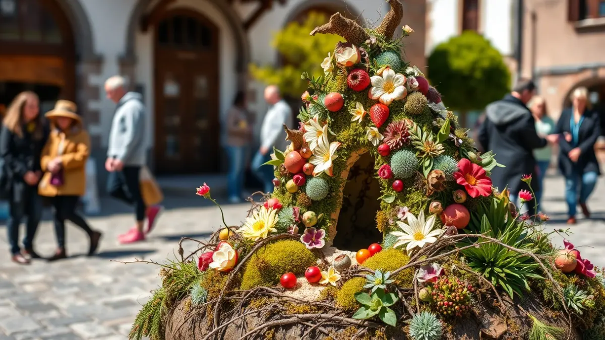 Imaxe dun Maio tradicional galego, unha escultura floral.
