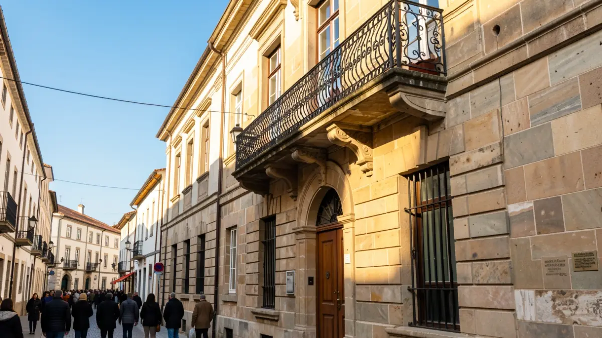 Imaxe xenérica dun edificio de Concello galego con balcón de ferro e luz solar.