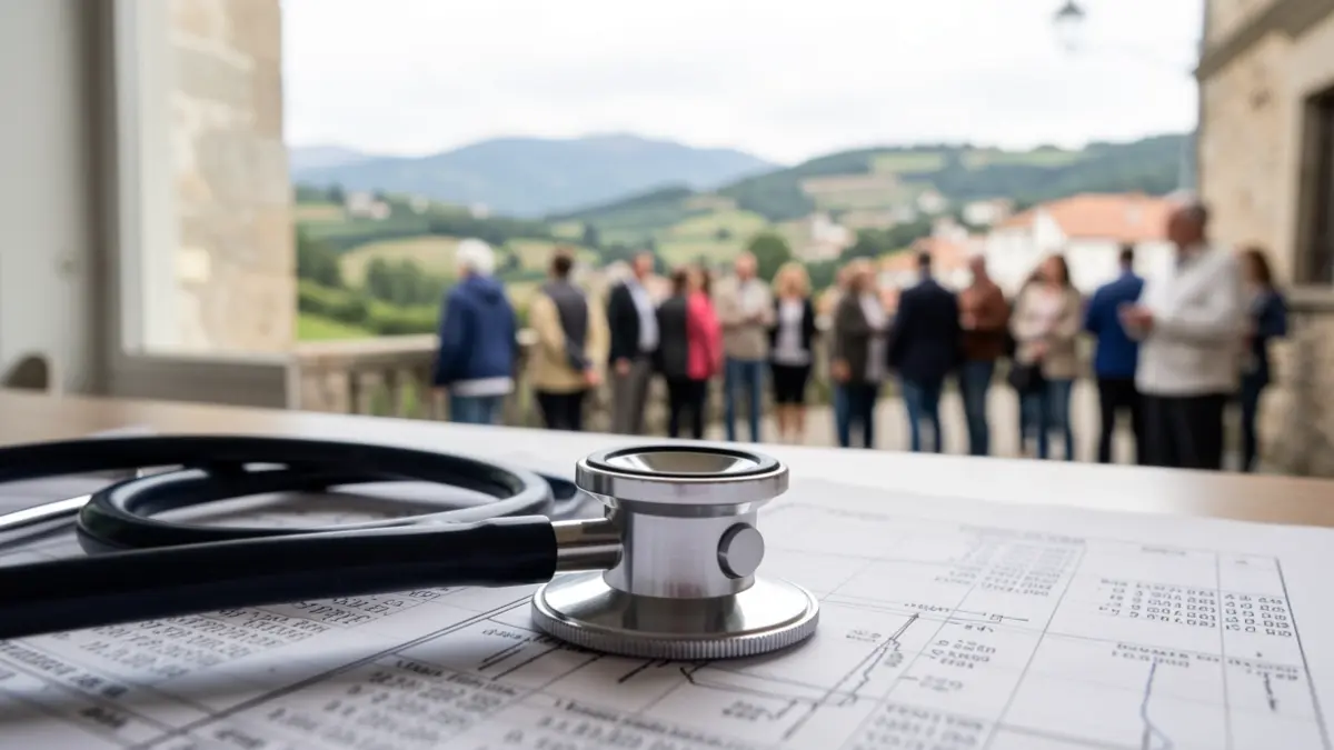 Imaxe xenérica dun estetoscopio sobre un informe médico con paisaxe galega de fondo.