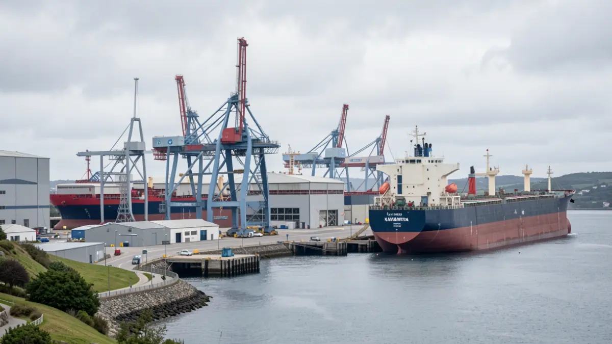 Imaxe xenérica da ría de Ferrol con Navantia e guindastres.