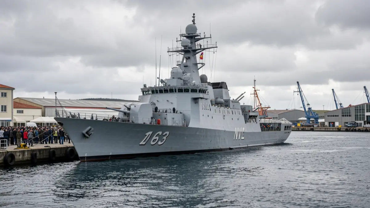 Imaxe dunha fragata da Armada Española atracada no porto de Ferrol.
