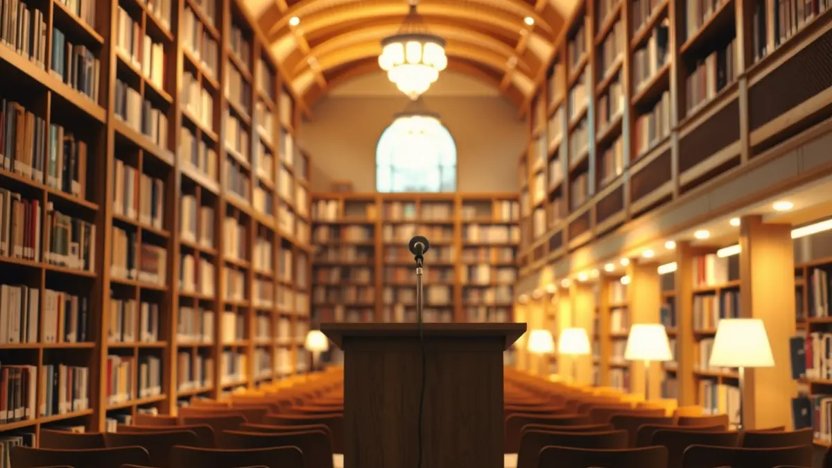 Imaxe xenérica dunha biblioteca con estantes de madeira e un micrófono nun podio.