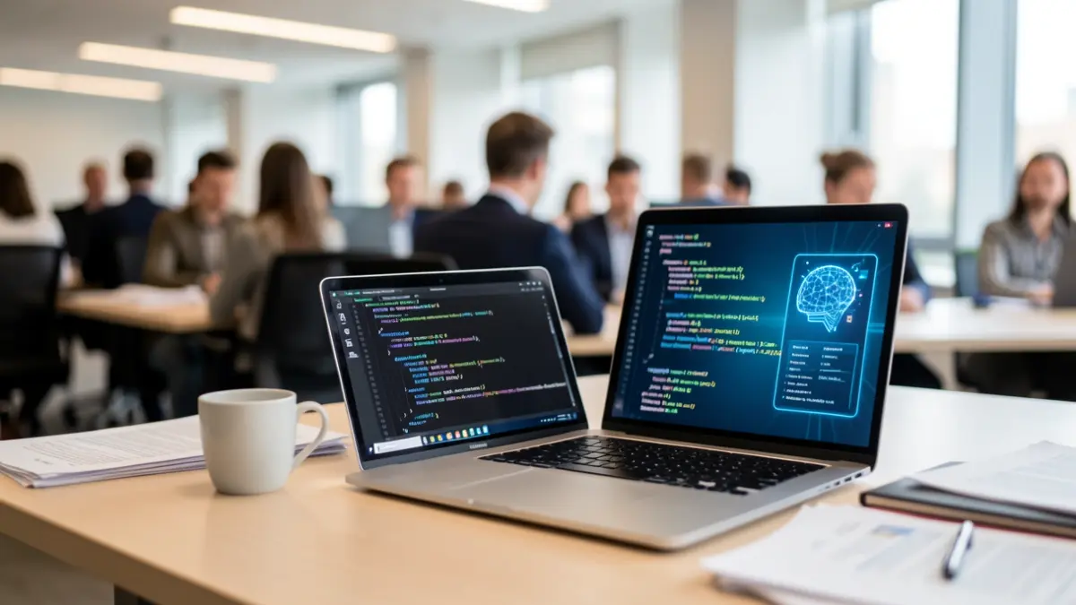 Imagen de primer plano de un escritorio de oficina moderno con un portátil mostrando código y una interfaz de IA desenfocada, simbolizando la pérdida de empleo por la inteligencia artificial.