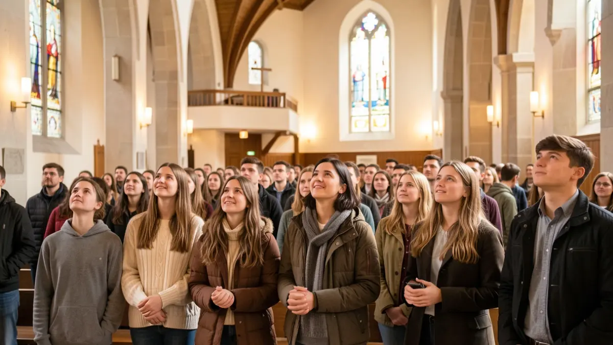 Imagen genérica de un grupo de jóvenes reunidos en una iglesia moderna con luz cálida, simbolizando comunidad y fe.