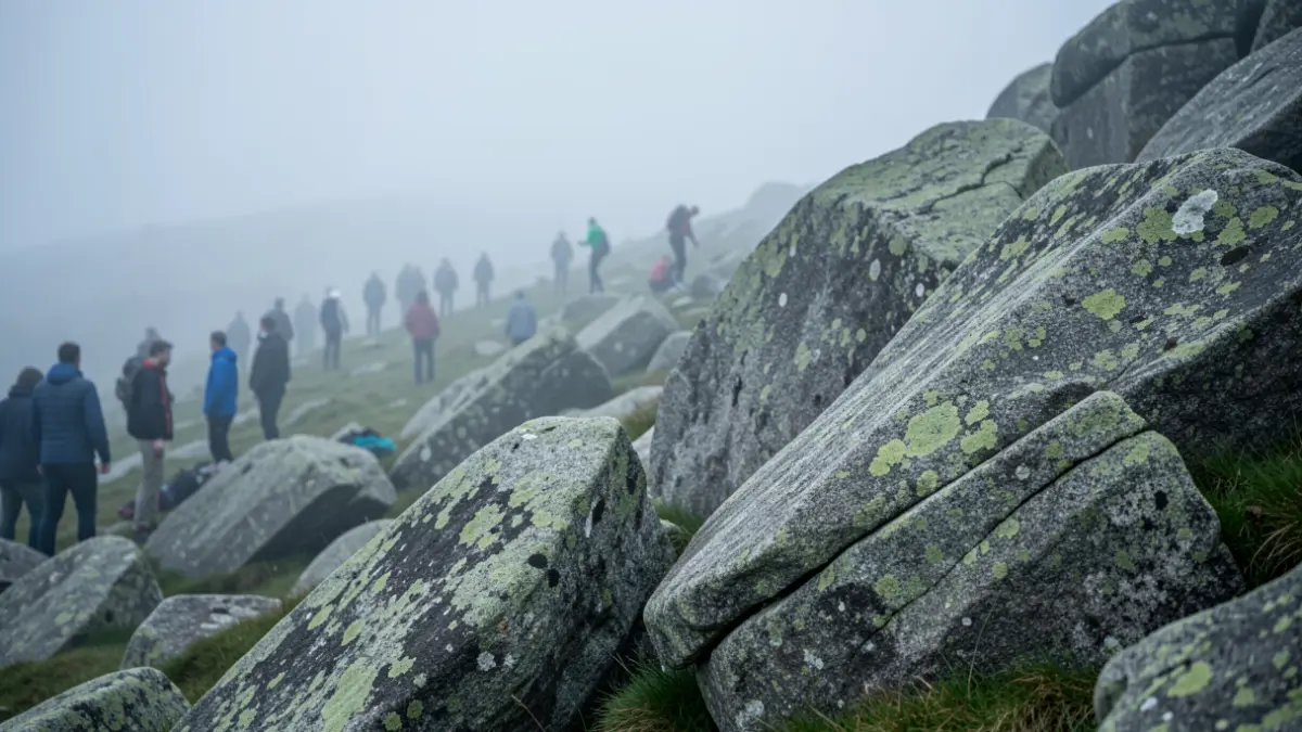 Imagen genérica de bloques de granito para escalada en una ladera gallega con niebla.