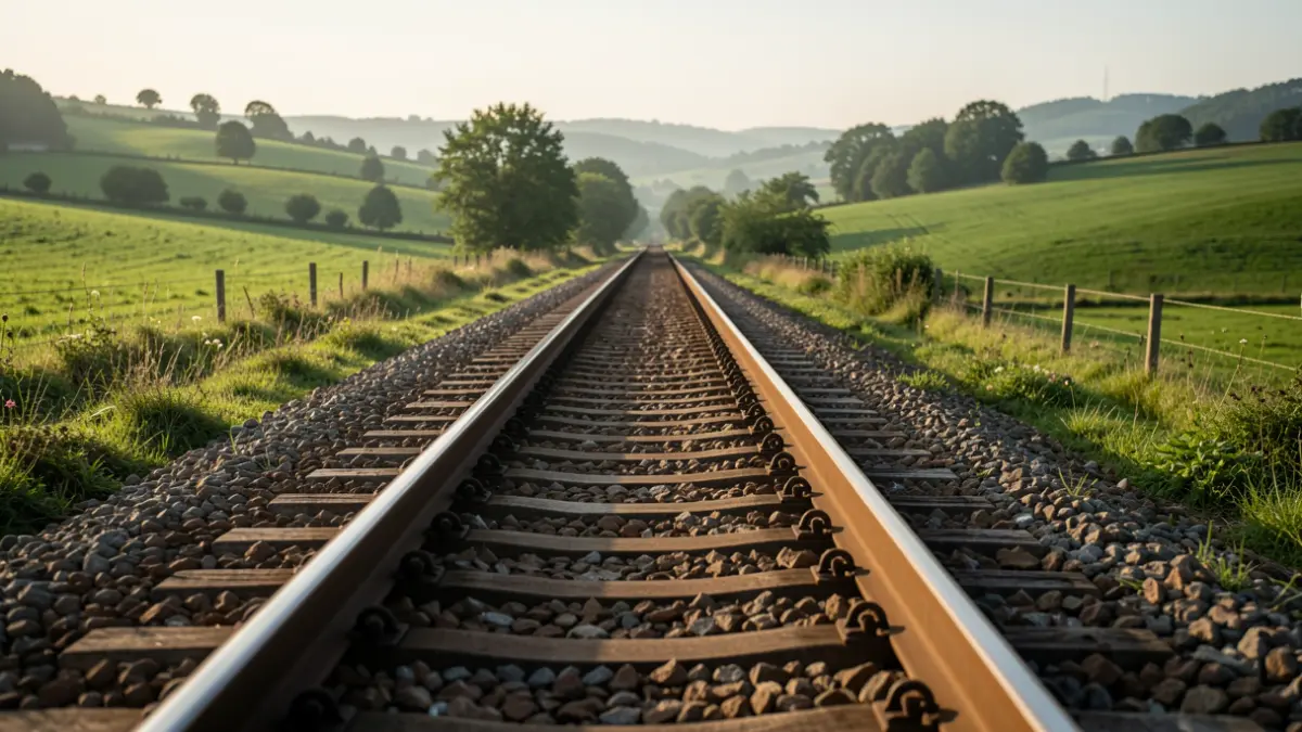 Imaxe xenérica dunha vía de tren nunha paisaxe rural.