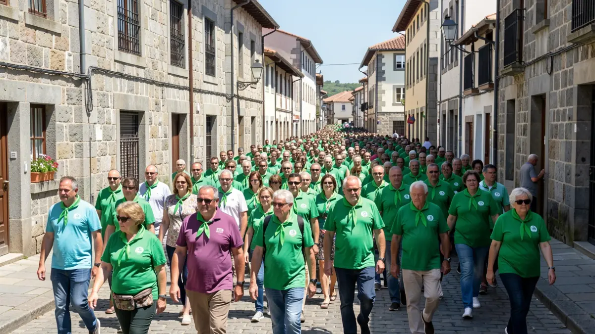 Imaxe xenérica dunha multitude de persoas camiñando polas rúas de Betanzos con lazos verdes.