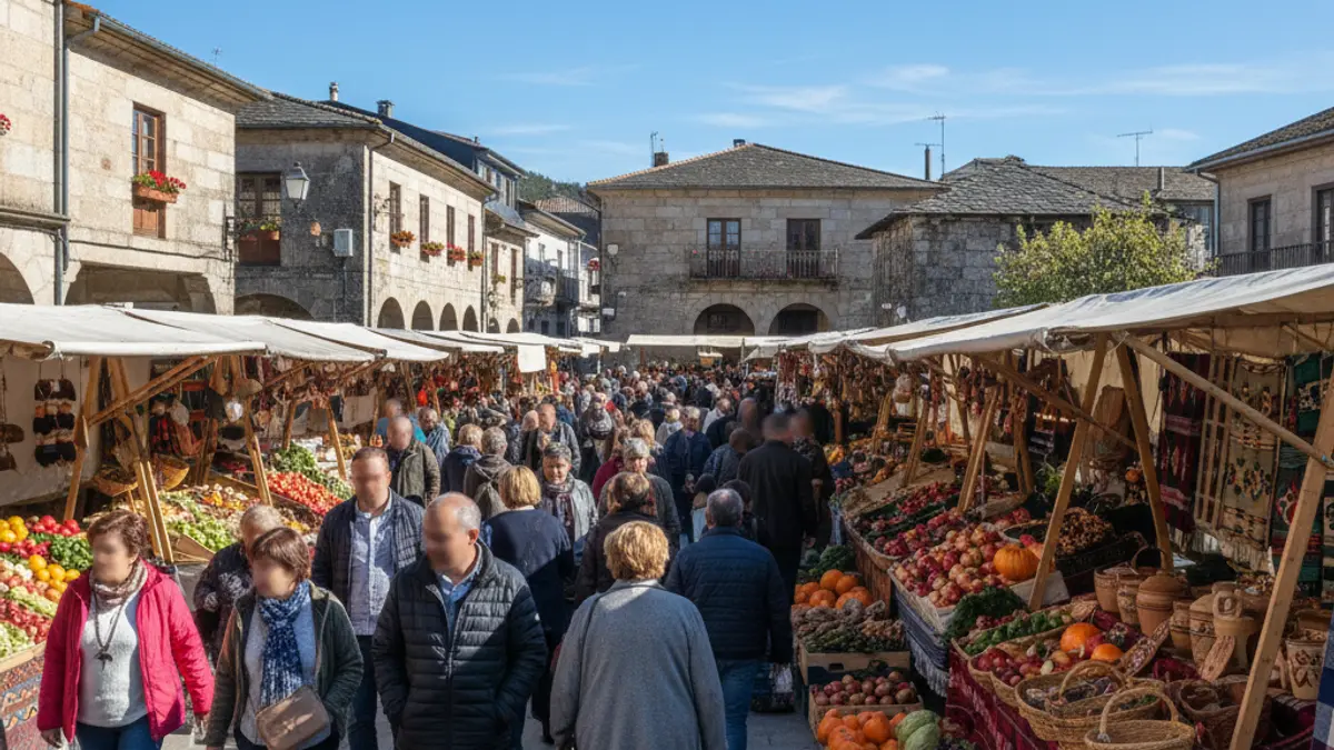 Imaxe xenérica dun mercado local con postos de produtos de tempada e artesanía.