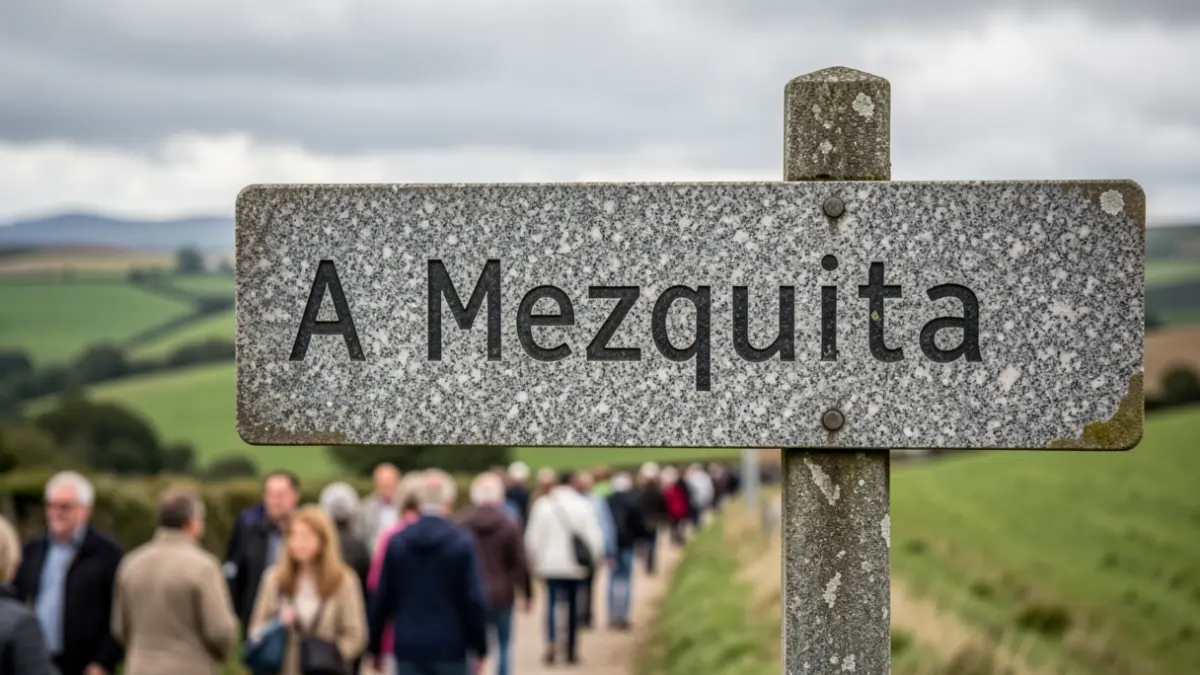 Imagen genérica de un cartel de carretera de piedra con 'A Mezquita' y fondo de paisaje gallego.