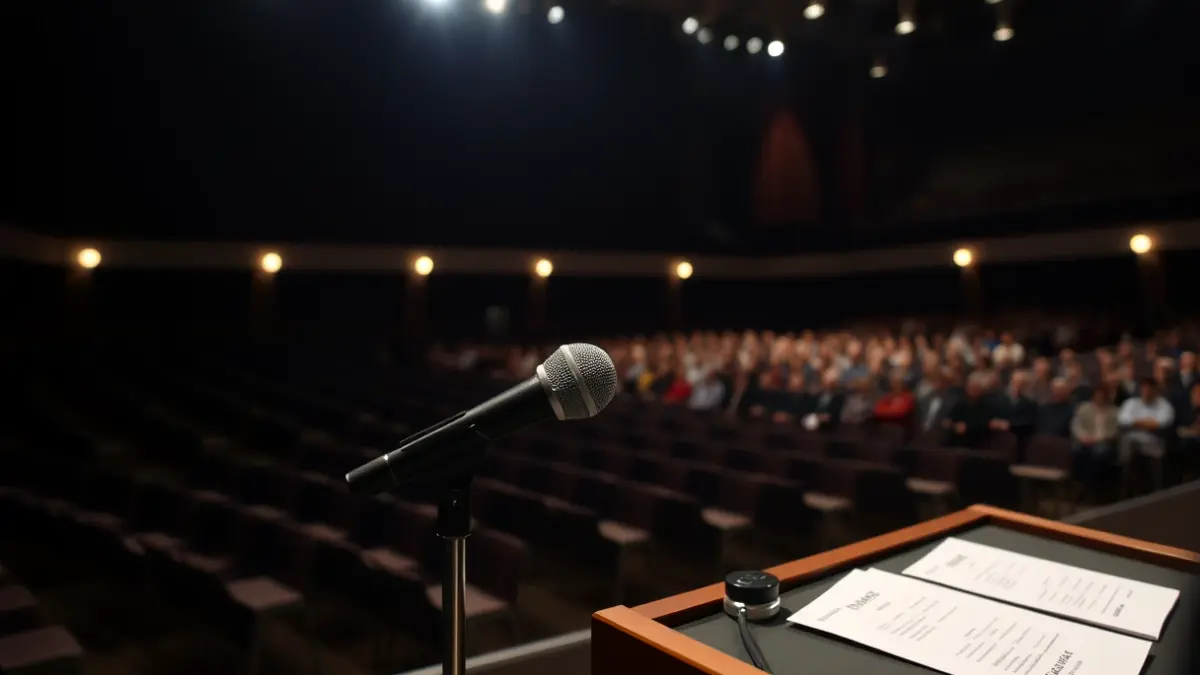 Imagen genérica de un micrófono en un podio en una sala de reuniones, simbolizando un acto político.