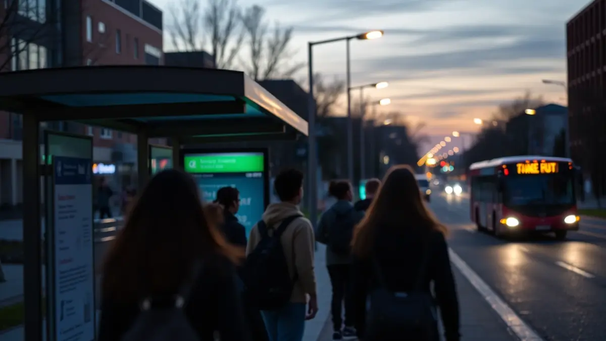 Imaxe xenérica dunha parada de autobús nun campus universitario ao anoitecer.