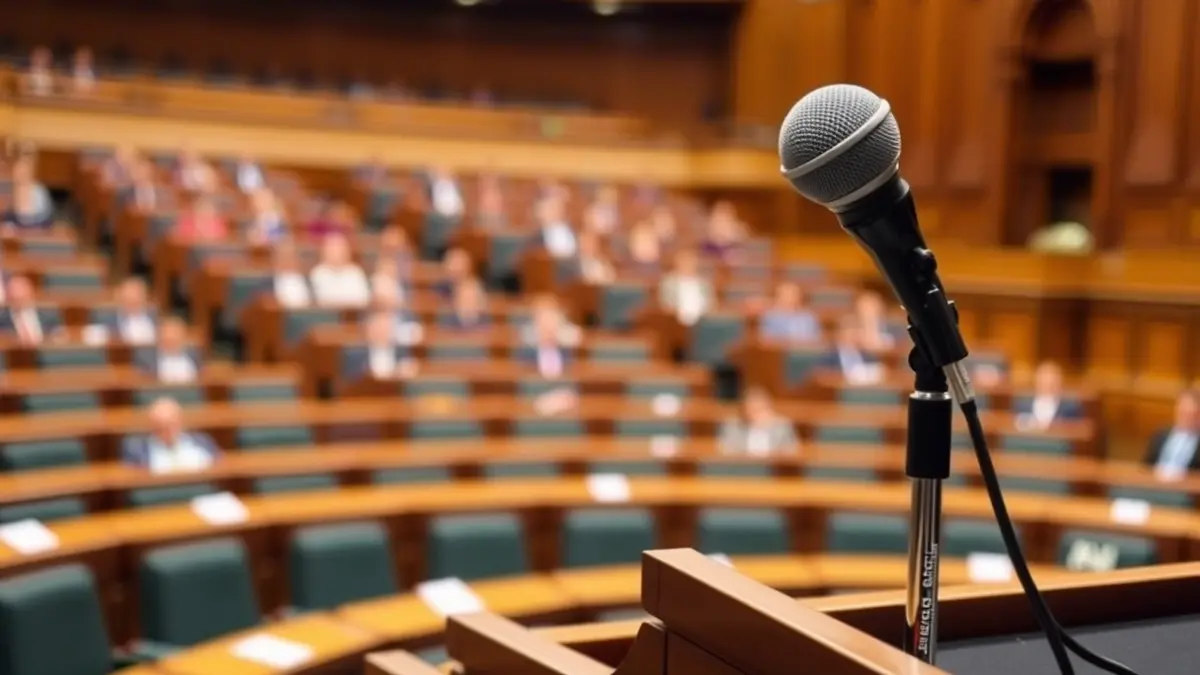 Imaxe xenérica dun micrófono nun podio nunha cámara parlamentaria, simbolizando o debate político.