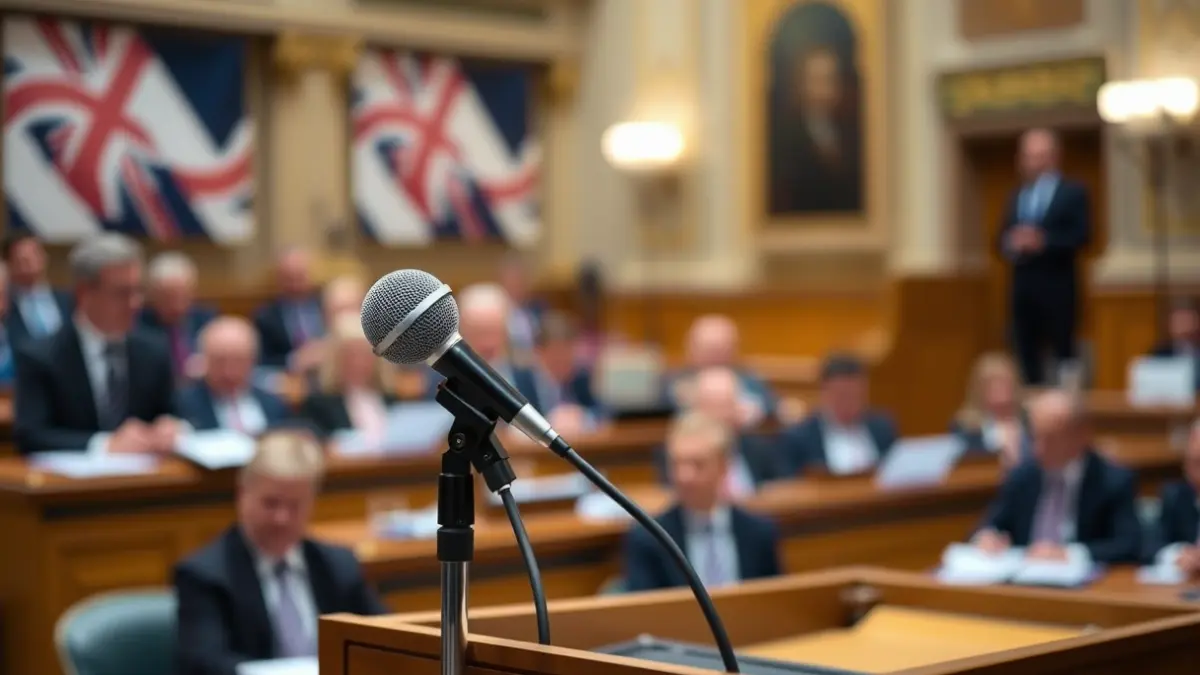 Imaxe xenérica dun micrófono nun podio, simbolizando un debate parlamentario.