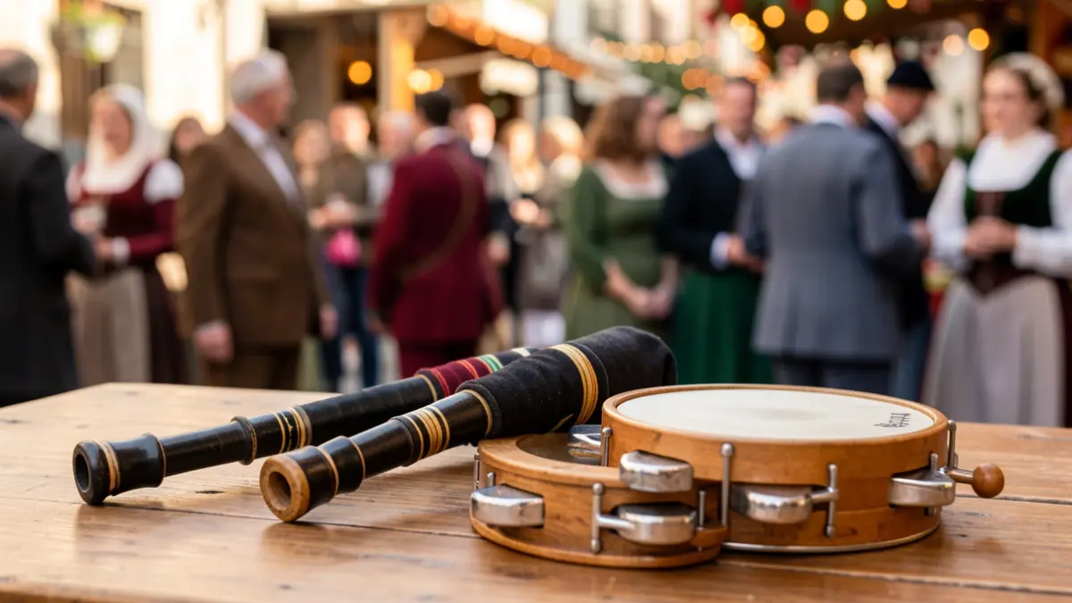 Imaxe xenérica de instrumentos de música tradicional galega nunha contorna festiva.
