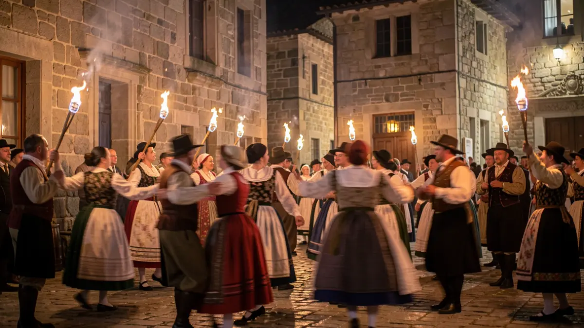 Imaxe dunha festa tradicional galega nocturna con fachos e candís.