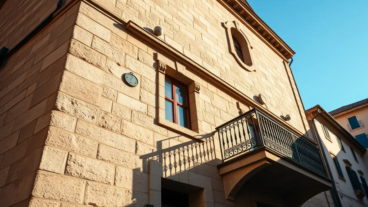 Fachada dun concello galego con balcón de ferro forxado e luz solar.