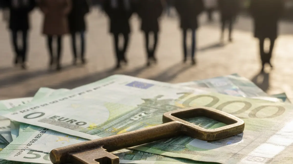 Imaxe xenérica dunha chave de vivenda sobre billetes de euro, simbolizando a compra e venda de propiedades.