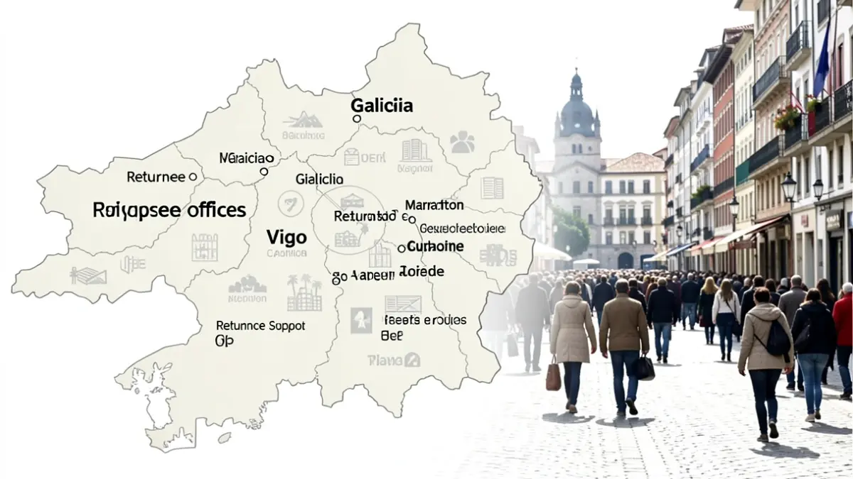 Imaxe xenérica dun mapa de Galicia destacando Vigo e outras cidades con oficinas de apoio ao retorno.